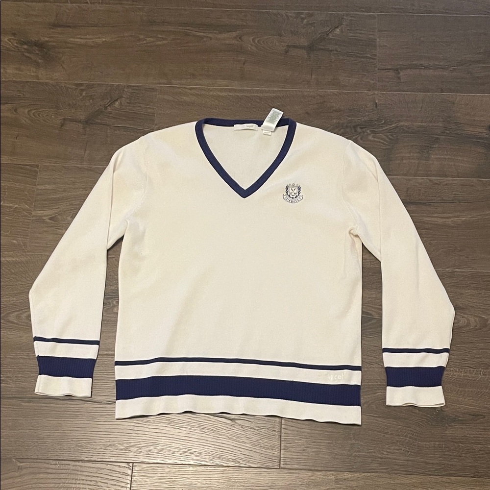 Vintage Liz Golf V-Neck Varsity Cream Sweater with Navy Accents, Size Large